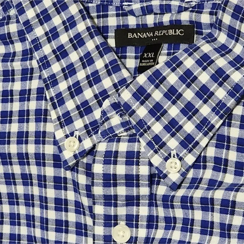 Banana Republic XXL Blue White Gingham Check Cotton Button Down Shirt Long Slv